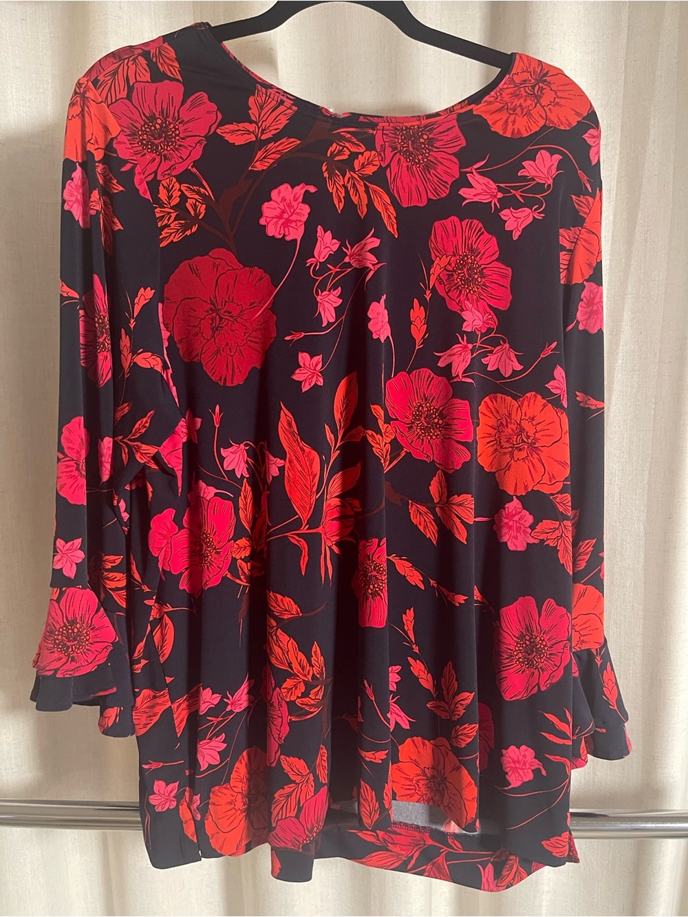 Karl Lagerfeld Black Floral Long Sleeve Tunic Top with Pink & Red Blooms